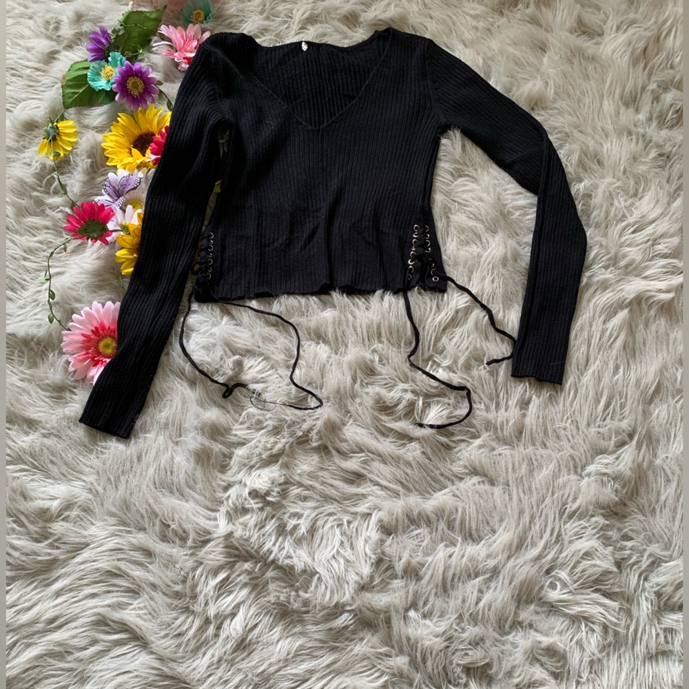 Black Lace-Up Long Sleeve Top